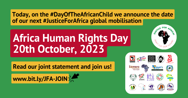 100MilCampaign's tweet photo. Since 2015 global wealth grew by $12 trillion. In the same time millions of African children were been forced out of #education &amp; into #childlabour. On #DayofTheAfricanChild #youth &amp; #student led organisations announce their next #JusticeForAfrica mobilisation: Oct 20th 2023!