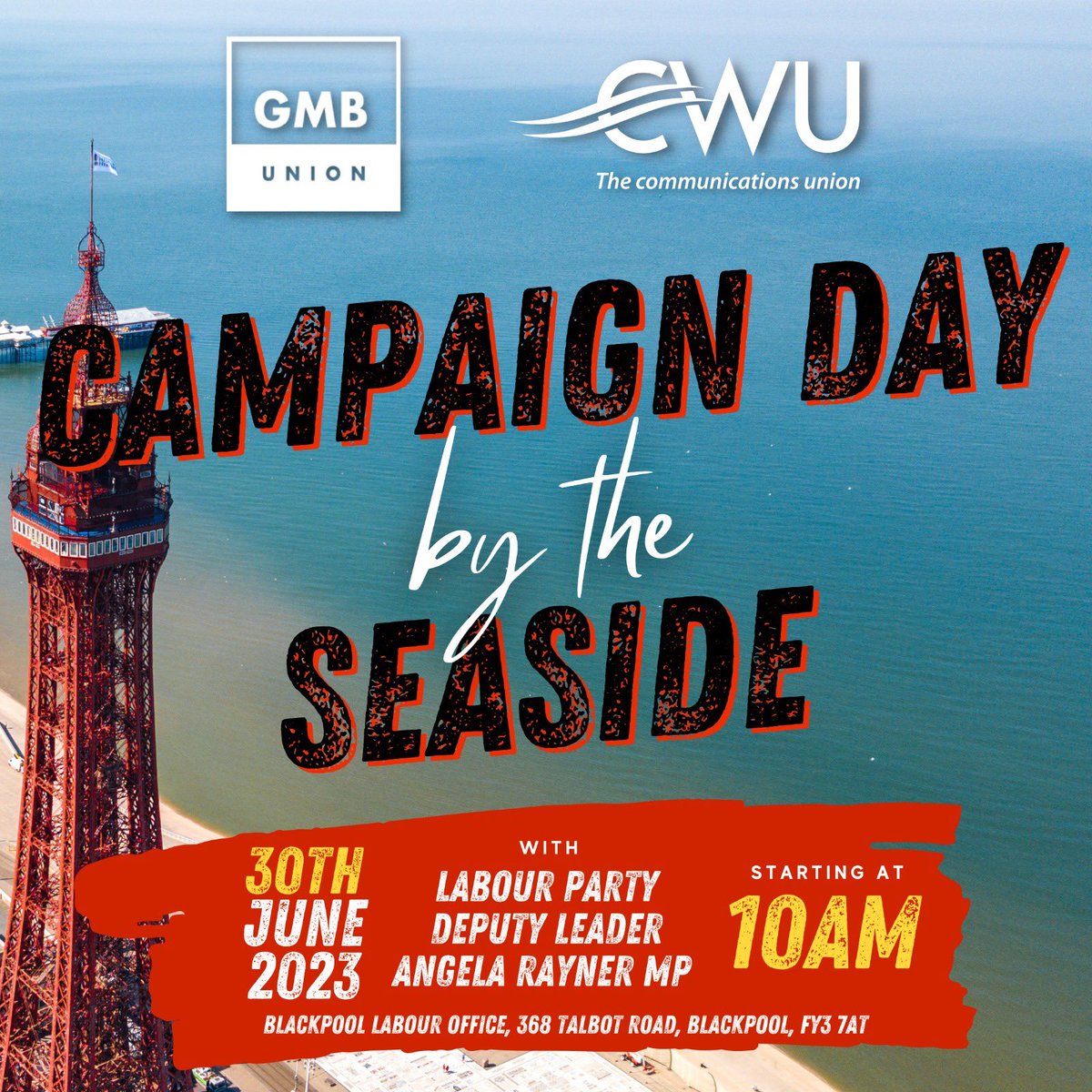 Come and join us for the @GMB_union_NWI and @NWCWU Councillor Network campaign day in #Blackpool with Deputy Leader @AngelaRayner MP. @deniseNWI @GMBCouncillors 

Sign up at bit.ly/GMBandCWU

#Chris4BlackpoolSouth