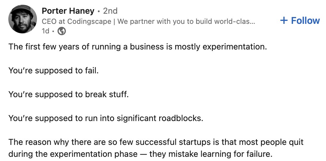 Don't mistake learning for failure
#startups
h/t <a href="/PorterHaney/">Porter Haney</a>