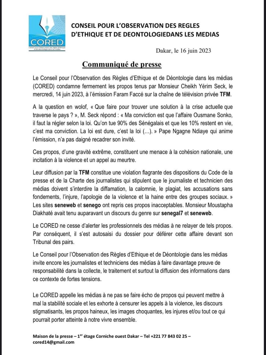 actu_decryptage's tweet image. Propos génocidaires de  Cheikh Yerim Seck sur la TFM : le #Cored condamne l’attitude de la chaîne de télé et de l’animateur de l’émission Faram Facce. Il condamne également les tribunes offertes à Moustapha Diakhaté sur des sites pour appeler à tu-er des Sénégalais