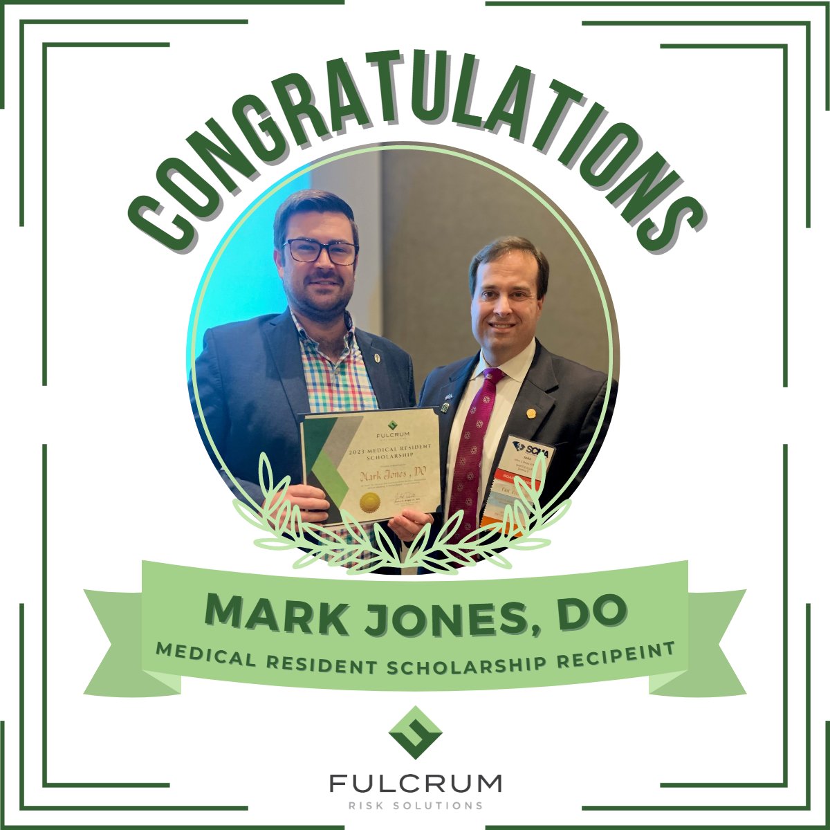 Congratulations are in order for our 2023 Medical Resident Scholarship recipient! As a <a href="/SCMedAssoc/">South Carolina Medical Association</a>  subsidiary, we are proud to support our South Carolina medical residents. With Fulcrum's risk management services, physicians can focus on providing quality care.