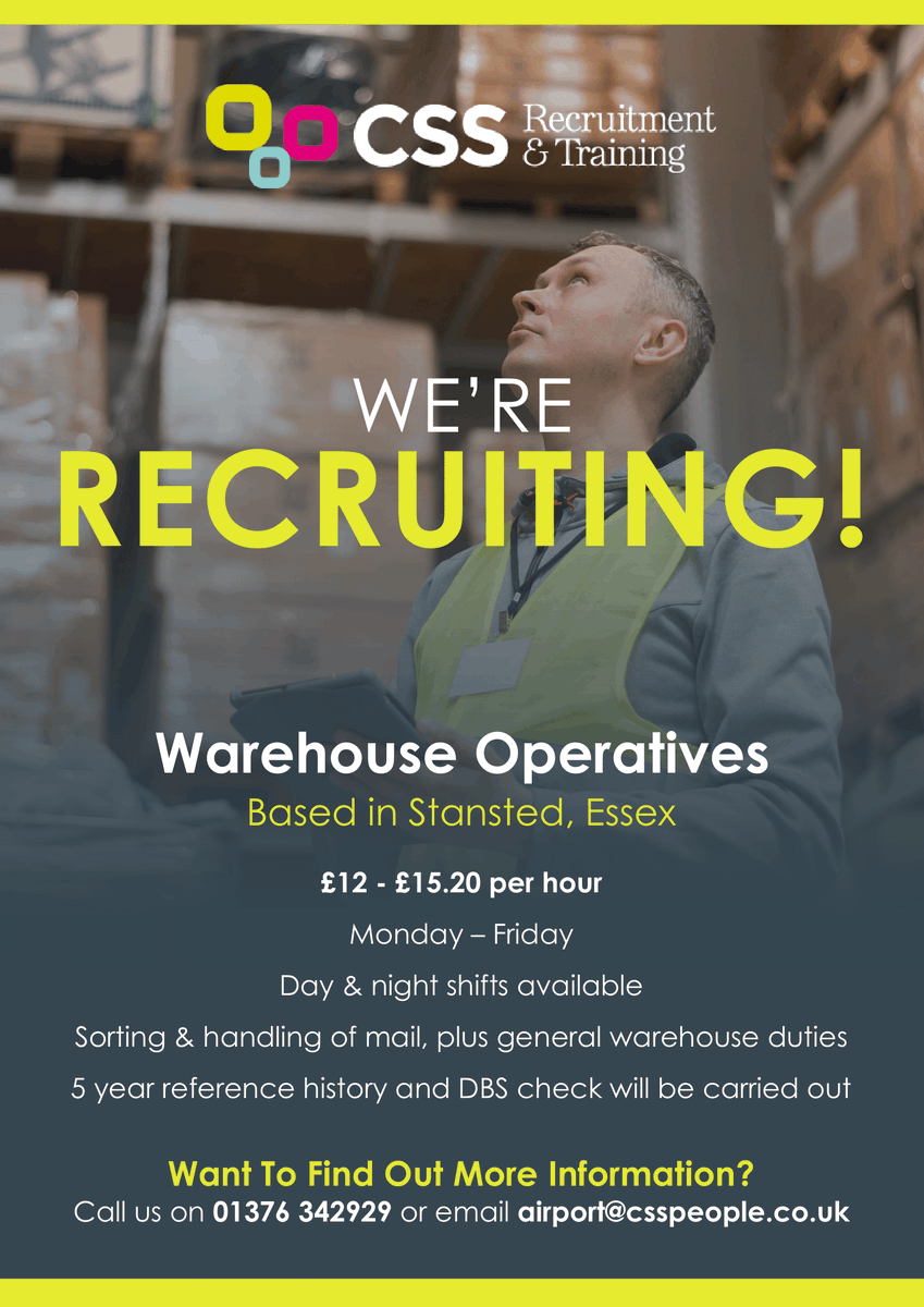 𝐖𝐄'𝐑𝐄 𝐑𝐄𝐂𝐑𝐔𝐈𝐓𝐈𝐍𝐆 🚨

👉 Warehouse Operatives
💷 £12 - £15.20 per hour
📍 Based in Stansted, Essex

☎️ To apply, please give our team team a call on 01376 342929!

#Jobs #JobSearch #WarehouseOperatives #WarehouseJobs #EssexJobs #IndustrialJobs #JobOpportunity