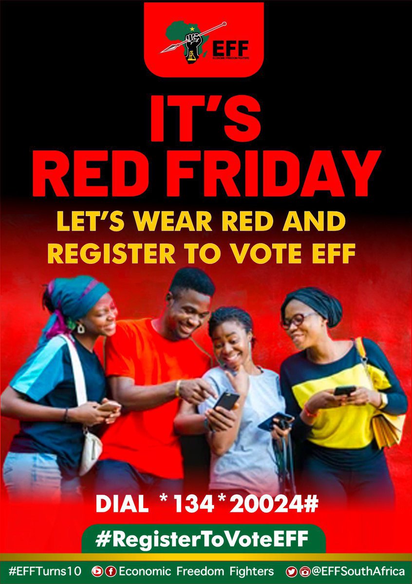 Fighters let’s all wear red today and go to the streets and encourage the youth to #RegisterToVoteEFF ahead of the 2024 National and Provincial Elections in commemoration of the 1976 youth. 

#EFFRedFriday 
#EFFTurns10