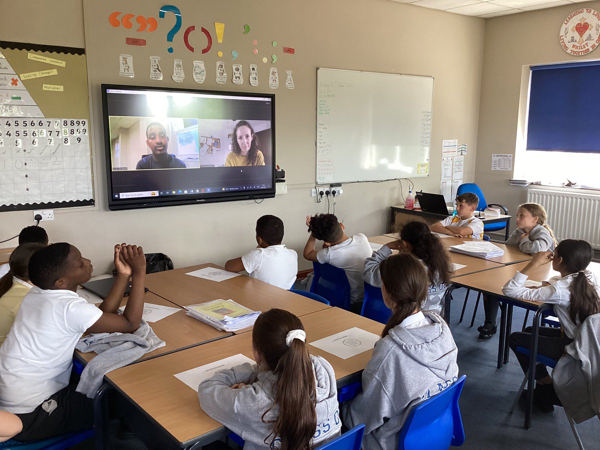 Year 6 are enjoying a webcast from authors @dantey114 @JamiesonV about refugees and their book 😊📚 #CSTHumanDignity