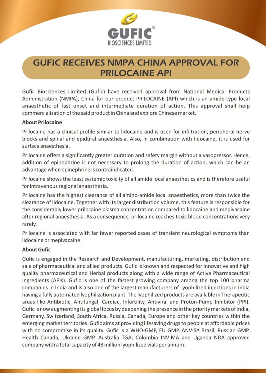 Gufic Biosciences Ltd have received approval from National Medical Products Administration (NMPA), China for our product PRILOCAINE (API) which is an amide-type local anaesthetic of fast onset & intermediate duration of action. This approval shall help commercialization of the…