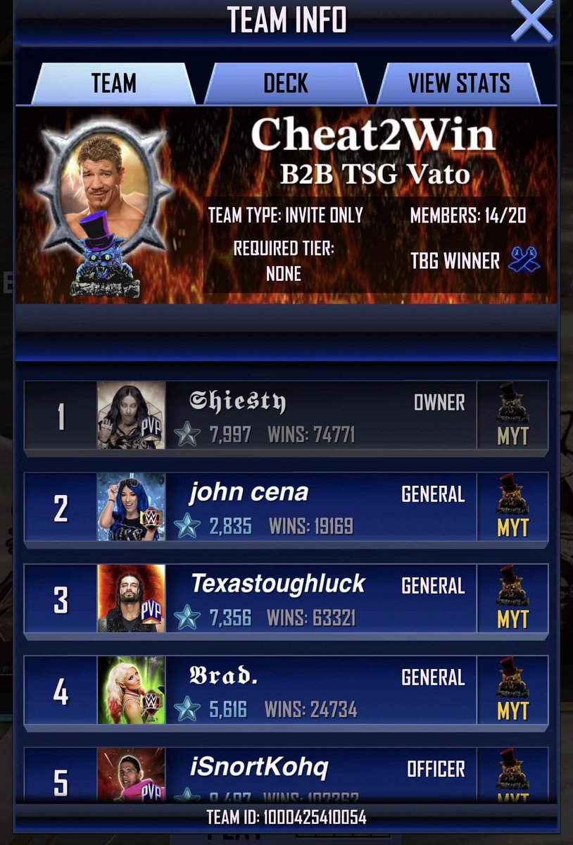 MemesSupercard's tweet photo. All in the top 20 all cheating @WWESuperCard maybe ban cheaters for speeding ranked events or are you gonna ignore it because they spend credits (which I doubt they get legit anyway) 

Team ID at the bottom. Report screenshot a report and I’ll follow back some ppl

#WWESuperCard https://t.co/xjcz2kAQey