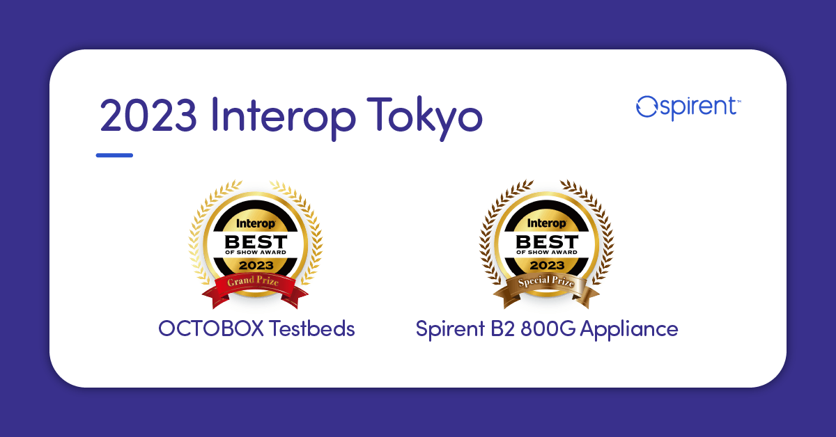 Spirent's tweet image. Thank you, @InteropTokyo30, for selecting Spirent for Best of Show awards!
🥇Best of Show Grand Prize - OCTOBOX Testbed
🥇Best of Show Special Prize - Spirent B2 800G Appliance 
Learn more about our solutions.  okt.to/PcBOzt
#interop23 #WiFi #Ethernet @TOYO_CO_JAPAN