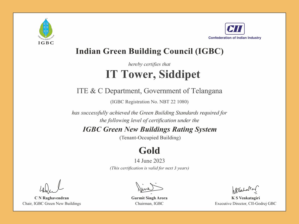 IGBC is glad to announce that IT Tower Siddipet, at Telangana, has achieved the coveted Gold Rating under the IGBC Green New Building Rating program.

<a href="/FollowCII/">Confederation of Indian Industry</a> @TSIICLtd <a href="/shekarreddy_csr/">C Shekar Reddy</a> <a href="/jayesh_ranjan/">Jayesh Ranjan</a> <a href="/tsiic_vcmd/">EVNREDDY</a> <a href="/KTRBRS/">KTR</a> <a href="/BRSHarish/">Harish Rao Thanneeru</a> 

#igbc #IGBCGoldRating #Telangana #NetZero