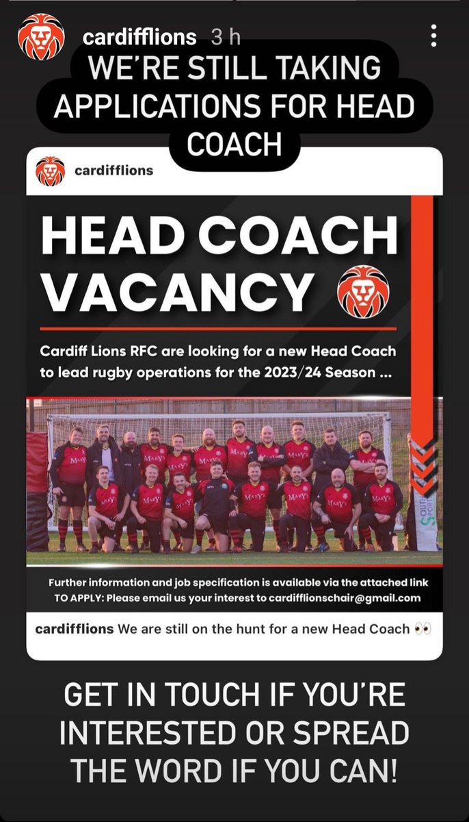 A fantastic opportunity for someone to become head coach of this dynamic commited rugby team...a fab group of people who are inspiring ❤️@CardiffLions