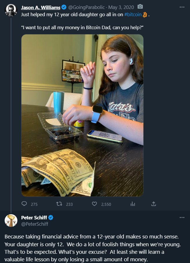 Forgot to revisit this, so doing it now.

Exactly one year after ridiculing a 12 year old for going all in on bitcoin, gold was up 4.3%.

In the same period, bitcoin was up 536.2%

What lesson was learned, <a href="/PeterSchiff/">Peter Schiff</a>?

The financial advice of a 12 year old girl turned out to be