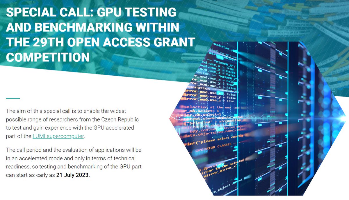 IT4Innovations's tweet image. Employees of Czech research organisations can apply for LUMI resources (European number one in @top500supercomp) within our #OpenAccess #SpecialCall: #GPUTesting &amp;amp; benchmarking. 
⏳  apply until 22 June 
👉 it4i.cz/en/for-users/s…

#HPC #CzechHPC #CzechScience