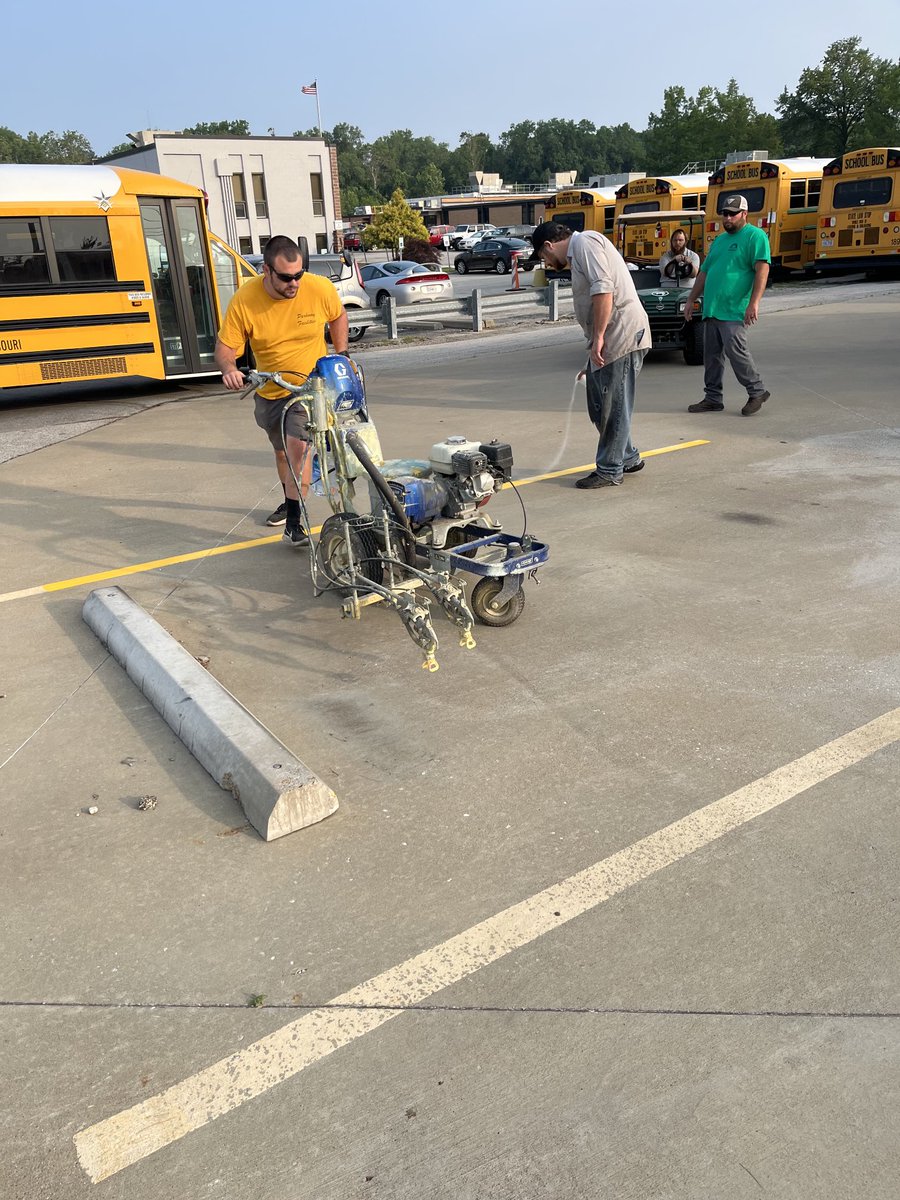 Summer  fun- We are smarter than our school buses - bryan broome walking behind paint stripper adding reflective glass beads to paint -should improve visibility  while backing in low light conditions -can't wait till dark to try it out -