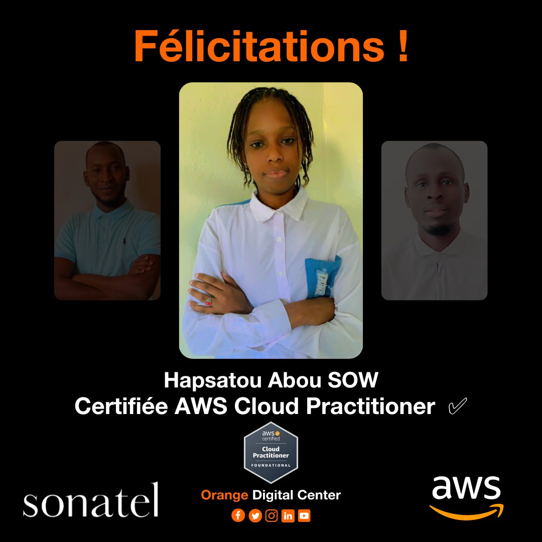 ODCSenegal's tweet photo. Félicitations à Hapsatou Abou SOW qui a réussi avec brio l'examen de certification Amazon Web Services (AWS). 
La certification AWS est une reconnaissance prestigieuse de ses compétences techniques et de sa maîtrise des services cloud d'AWS.🎉 
#AWS #CertificationAWS #cloud https://t.co/7MAde2yJnc