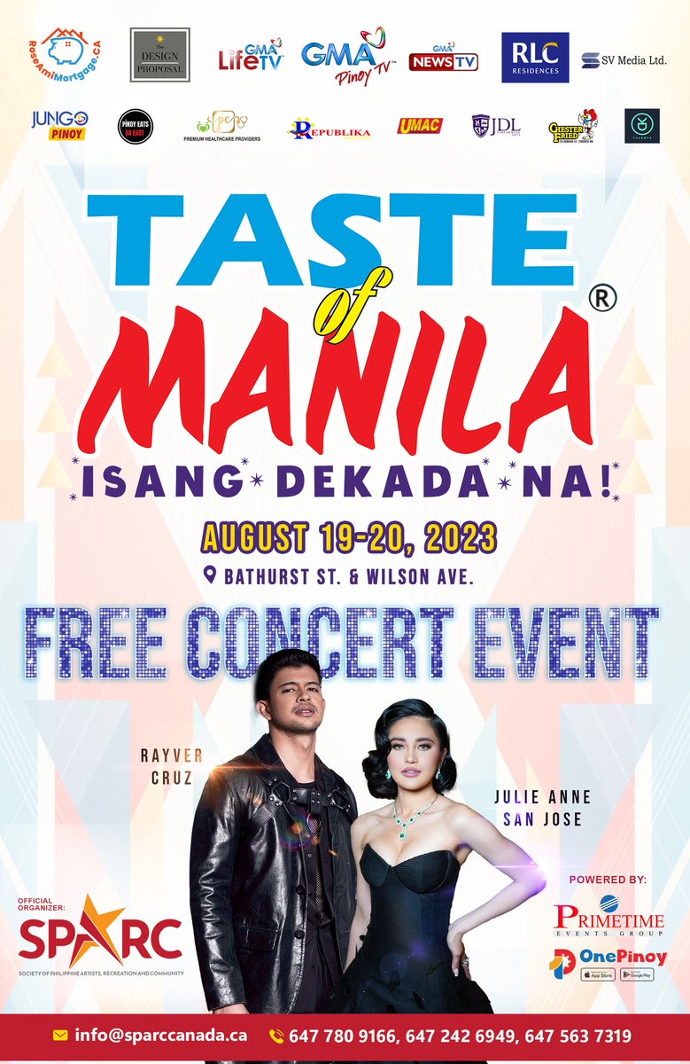 Peventsgroup's tweet photo. TIME TO REVEAL!!!
Asia's Limitless Star JULIE ANNE SAN JOSE and GMA Kapuso Total Heartthrob RAYVER CRUZ will shine bright at TASTE OF MANILA this August 19-20 2023! The biggest Filipino Street Festival outside the Philippines #GMAPinoy #tasteofmanilacanada2023
#sparccanada https://t.co/rWixTQaP37