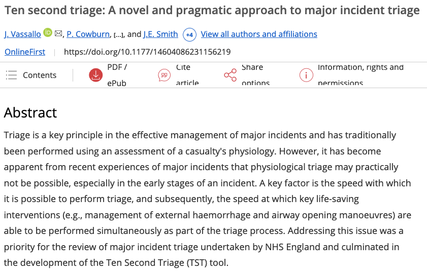 romduck's tweet photo. From research, training, and personal experience, the "pragmatic" approach mentioned here is key. Most triage systems fall apart under pressure, and are useless if not regularly practiced. Providers need to be competent and confident. TST may help. https://t.co/OtTyNOCqpJ https://t.co/bl4ggXifWk