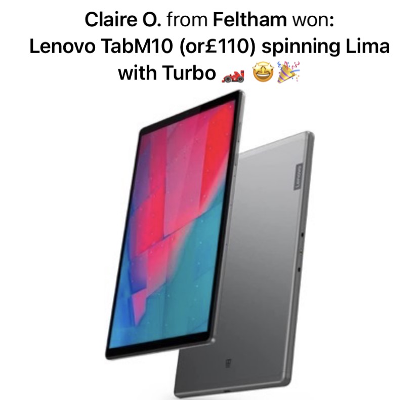 EverUp_UK's tweet photo. 🚨Claire O. from Feltham just won a 📱 Lenovo TabM10 or 💷 £110 spinning the Lima wheel using the #everup debit card💳 !
#everupcard #competition #rewards #prize #cash #win #competitionuk #WheelOfFortune #debitcard #games #gaming #winning #gamification #winner https://t.co/lyKRwmBjZN
