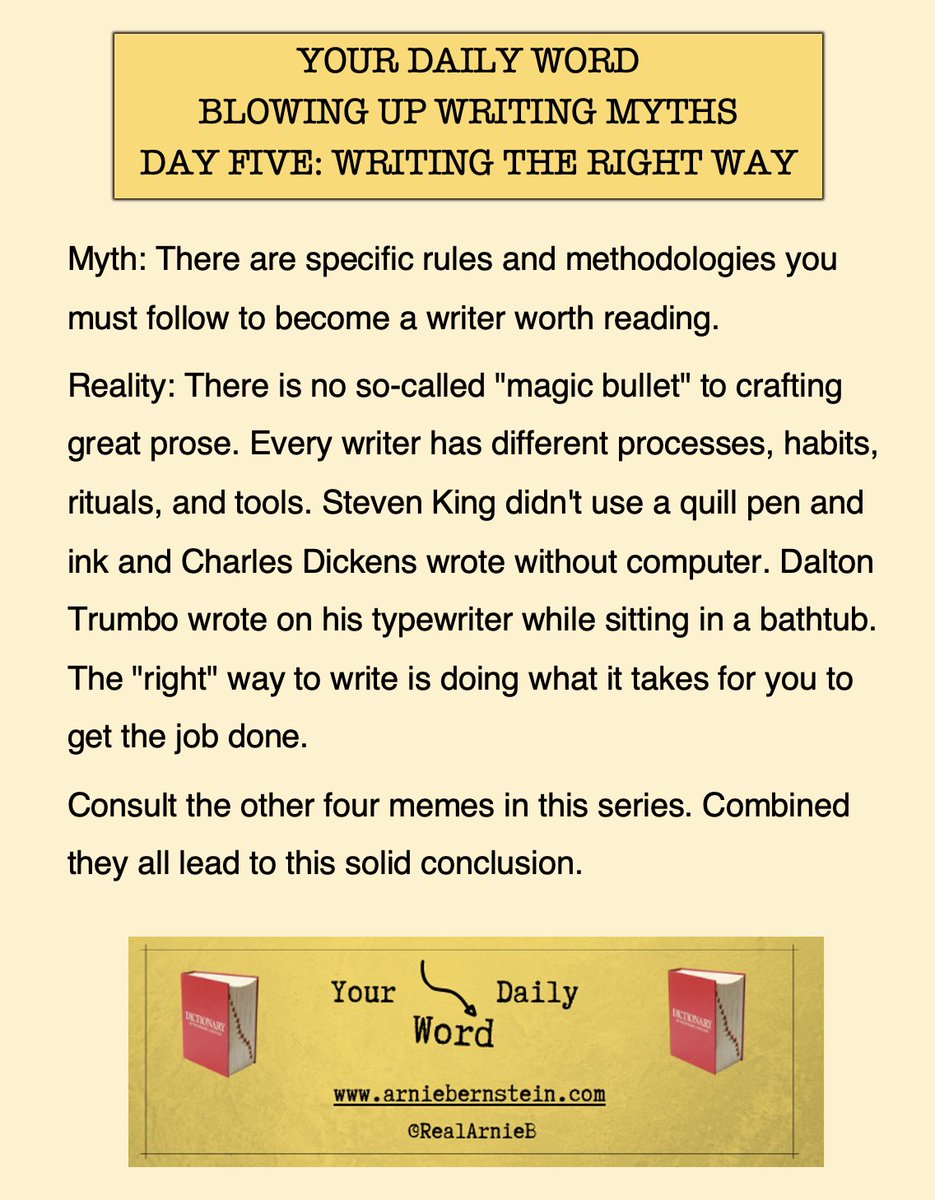 Your Daily Word: Blowing Up Writing Myths - Day 5: You know how to write right? Of course you do.
#AmWriting #Grammar #WritersofTwitter #WritingServices #BusinessWriting #Copywriting #BookAuthors #Essays #WritingCoach #WritingTips #CorporateCommunications 
arniebernstein.com