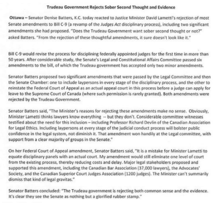 Elon1reeve96's tweet photo. The Trudeau Govt rejects #SoberSecondThought and evidence as Justice Minister @DavidLametti refuses most Senate Bill #C9 amendments (#JudgesAct disciplinary process revamp). @SenateCanada https://t.co/viBF8fiiO1