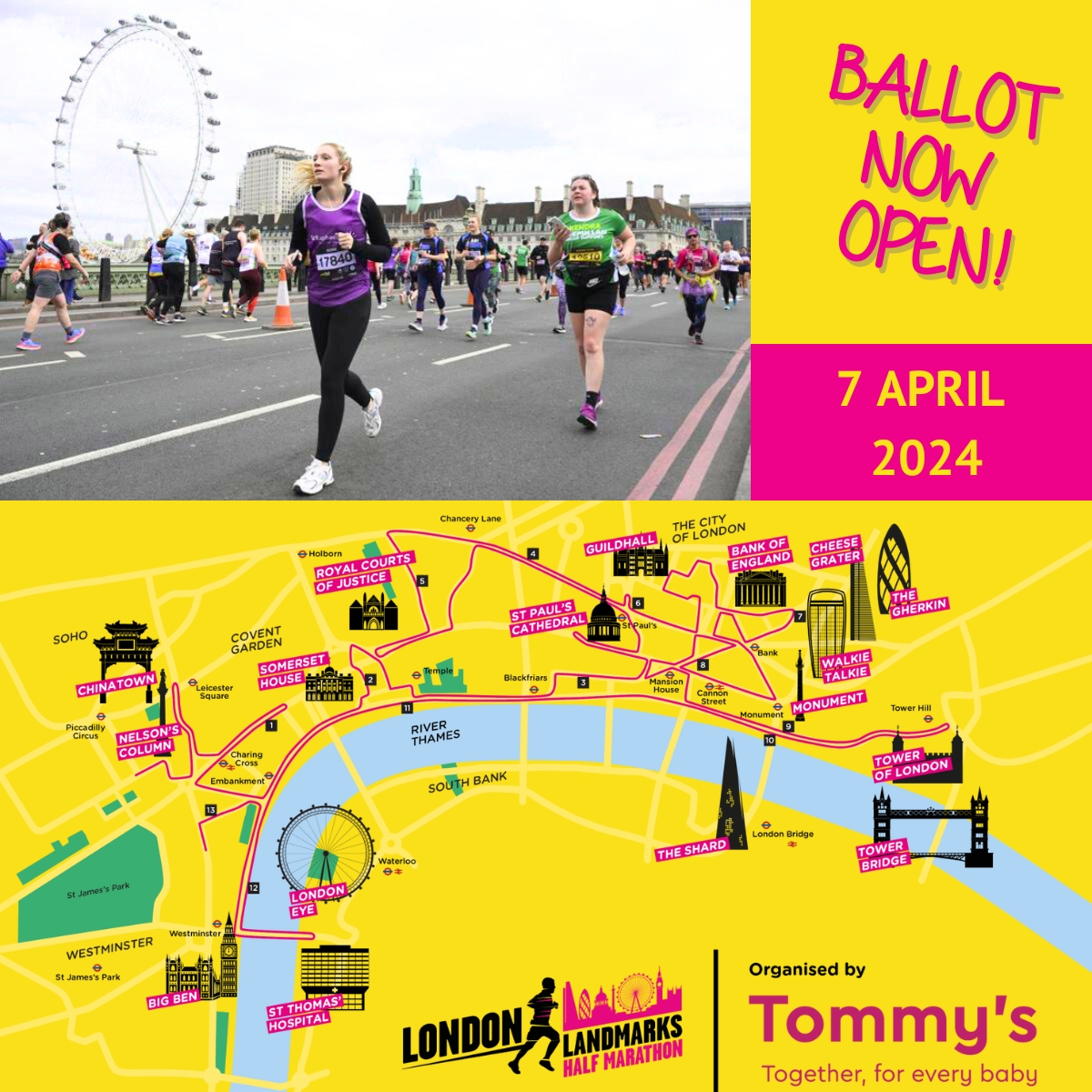 Have you got your place in the London Landmarks Half Marathon 2024?! 🎡👟

The ballot is currently open, but be quick... you have until 27 June to enter!

Enter here 👇
ow.ly/ZzjT50OQmcP

#LondonLandmarks #LondonLandmarks2024