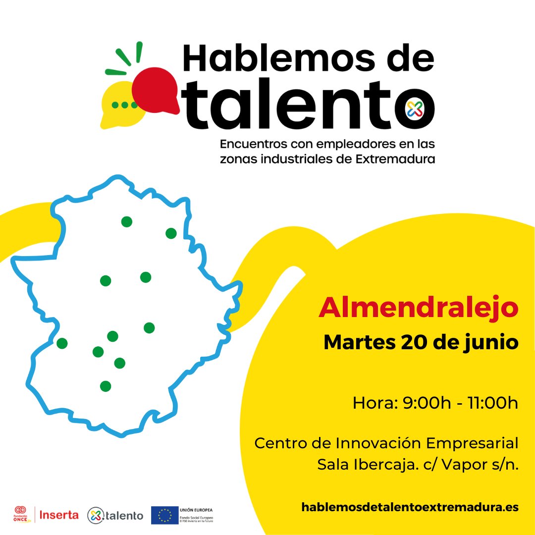 El próximo 20 de junio comenzamos un nuevo proyecto “Hablemos de Talento”.  ¡Apúntate en nuestra web?👇
hablemosdetalentoextremadura.es

#InsertaEmpleo #PorTalento #hablemosdetalento #Empresariosextremadura #talentoempresarial #empresainclusiva #empleodiscapacidad #EmpleoExtremadura