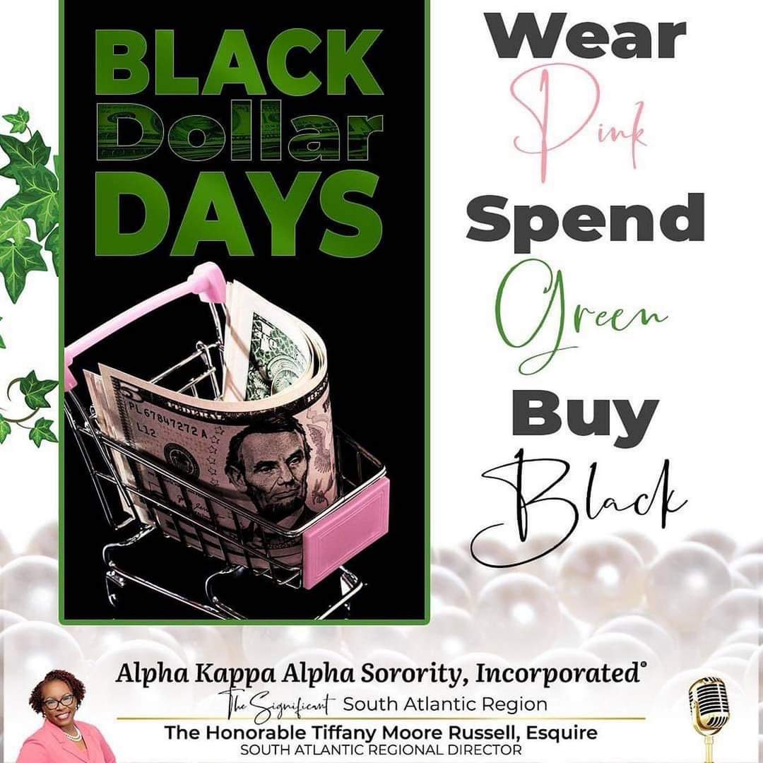 Happy “Pink Friday!” It’s time again to “Wear Pink, Spend Green and Buy Black” month-long observance of Black Dollar Days. Today, we’re headed to Black-owned business in person and online! #AKAPinkFridays #TUNEInSAR #SoaringWithAKA #gammasigmaomega @AKA_SARegion 
@akasorority1908