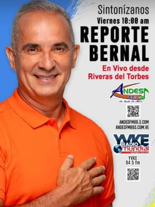 #16Junio Hoy sintoníza #ReporteBernal el programa del Gobernador <a href="/FreddyBernal/">Freddy Bernal</a> a las 10 am transmitido por <a href="/andesfm893/">ANDES 89.3Fm</a> y <a href="/YvkeTachira/">Yvke Tachira</a> en vivo desde Riberas del Torbes 
¡No te lo pierdas!
<a href="/BermudezJoseA/">Bermúdez José</a>