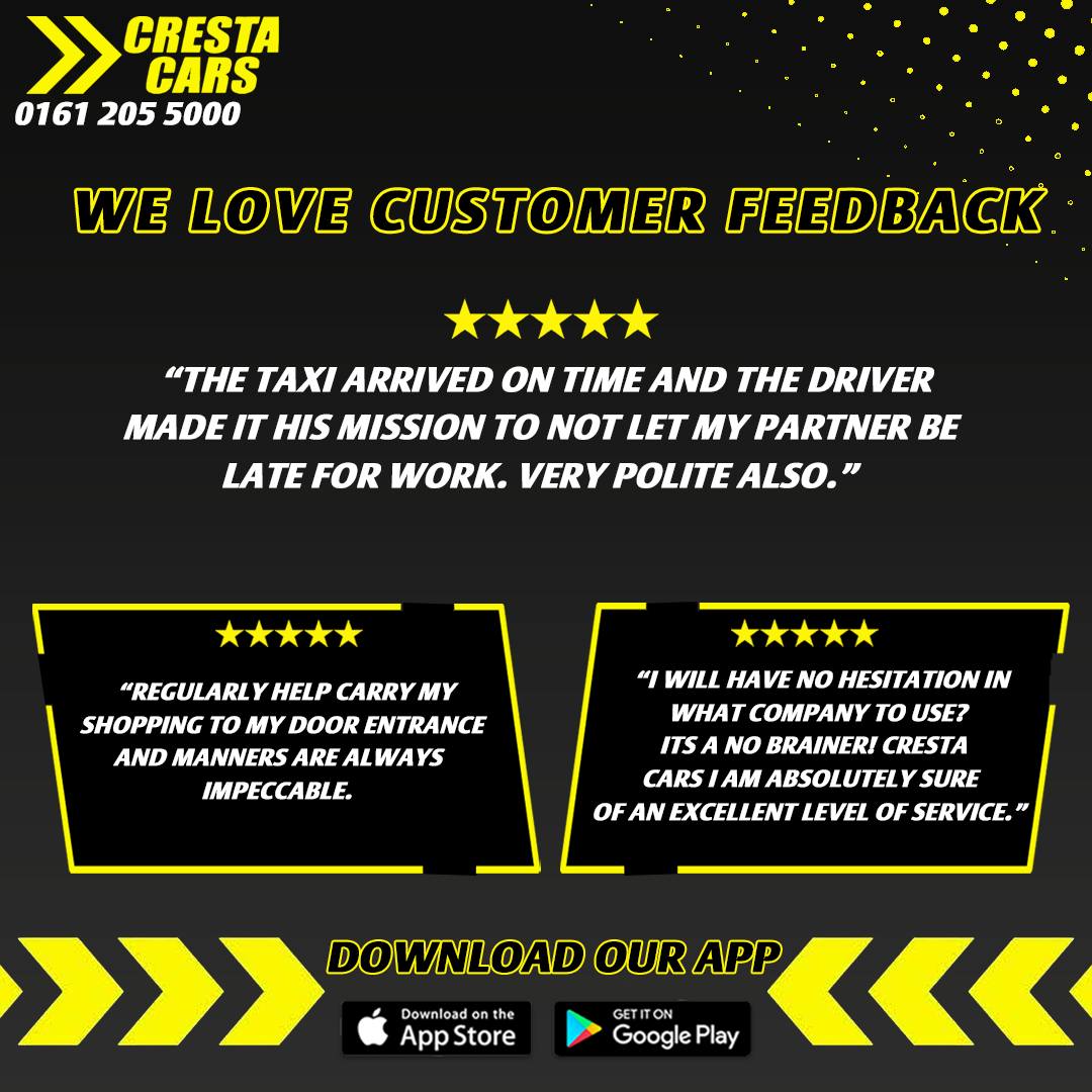 Have you had a positive experience with our services?
Let us know in the comment section below

Download the FREE app today: onelink.to/crestacarstaxi
0161 205 5000
Crestacars.co.uk
.
.
.
.
#safetaxitravel #crestacars #taxi #review