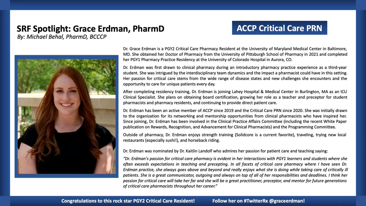 Kara Phillips and Dr. Grace Erdman are the <a href="/ACCP/">ACCP</a> Critical Care PRN SRF Spotlights for Quarter 2. They have put in some amazing work this year, excited to see where they land in the future!

#CritPRN #PharmICU #TwitterRx <a href="/ACCPpostgrads/">ACCPpostgrads</a>