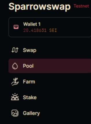 dcrumpdiddy's tweet photo. There are various menus that you can try for the purposes of running a testnet on SeiNetwork, namely the menus: Swap, Pool, Farm, Stake and Gallery (nft)

Swap: Swap between your favorite Sei assets on Sparrowswap. https://t.co/jEQmdyp0J7