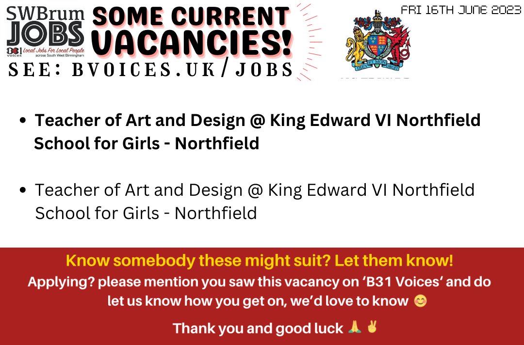 #SWBrumJOBS Vacancies available @ King Edward VI Northfield School for Girls - #Northfield

INFO/APPLY: 👉👉👉 bvoices.uk/jobs 

#SWBrumJOBS #BrumJobs #BirminghamJobs @JCPinBirmingham #BrumJobsHour  #BartleyGreen #KingsNorton #Birmingham #BirminghamUK