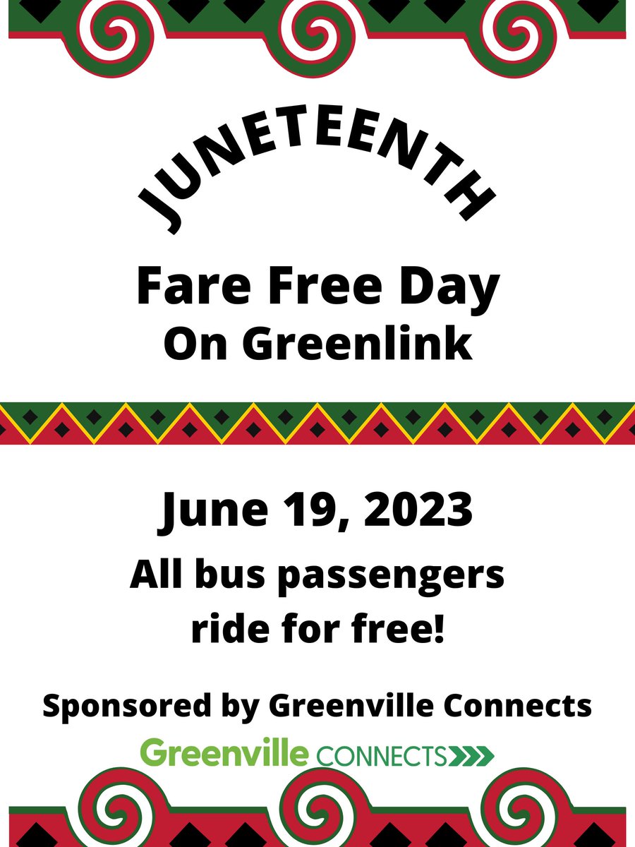 TODAY is FARE FREE DAY in celebration of Juneteenth!
Thank you, <a href="/GVLConnects/">Greenville Connects</a> for recognizing this day and encouraging more people to use transit! #RideGreenlink