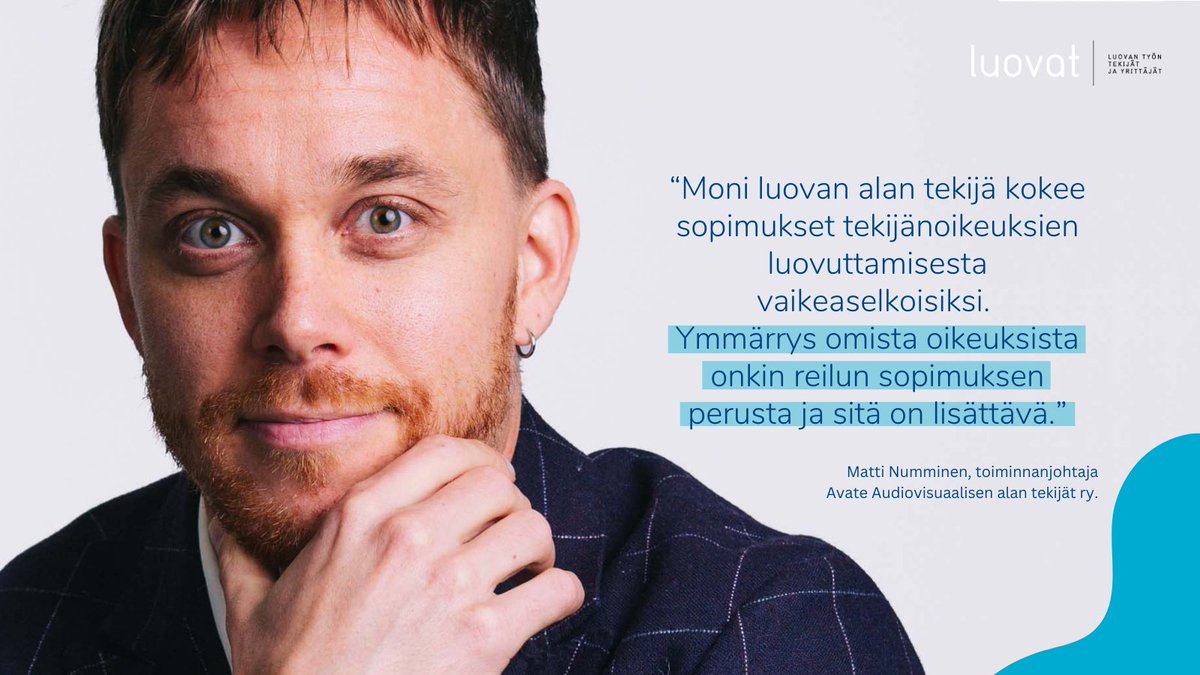 "Luovan alan tekijöiden ymmärrystä omien tekijänoikeuksiensa arvosta ja merkityksestä osana elinkeinoa on kasvatettava tietoa lisäämällä." Lue lisää <a href="/mnummine/">Matti Numminen</a> ajatuksista➡️luovat.org/ajankohtaista/… #tekijänoikeus #luovatalata #luovatalous <a href="/Avate_ry/">Audiovisuaalisen alan tekijät ry</a>