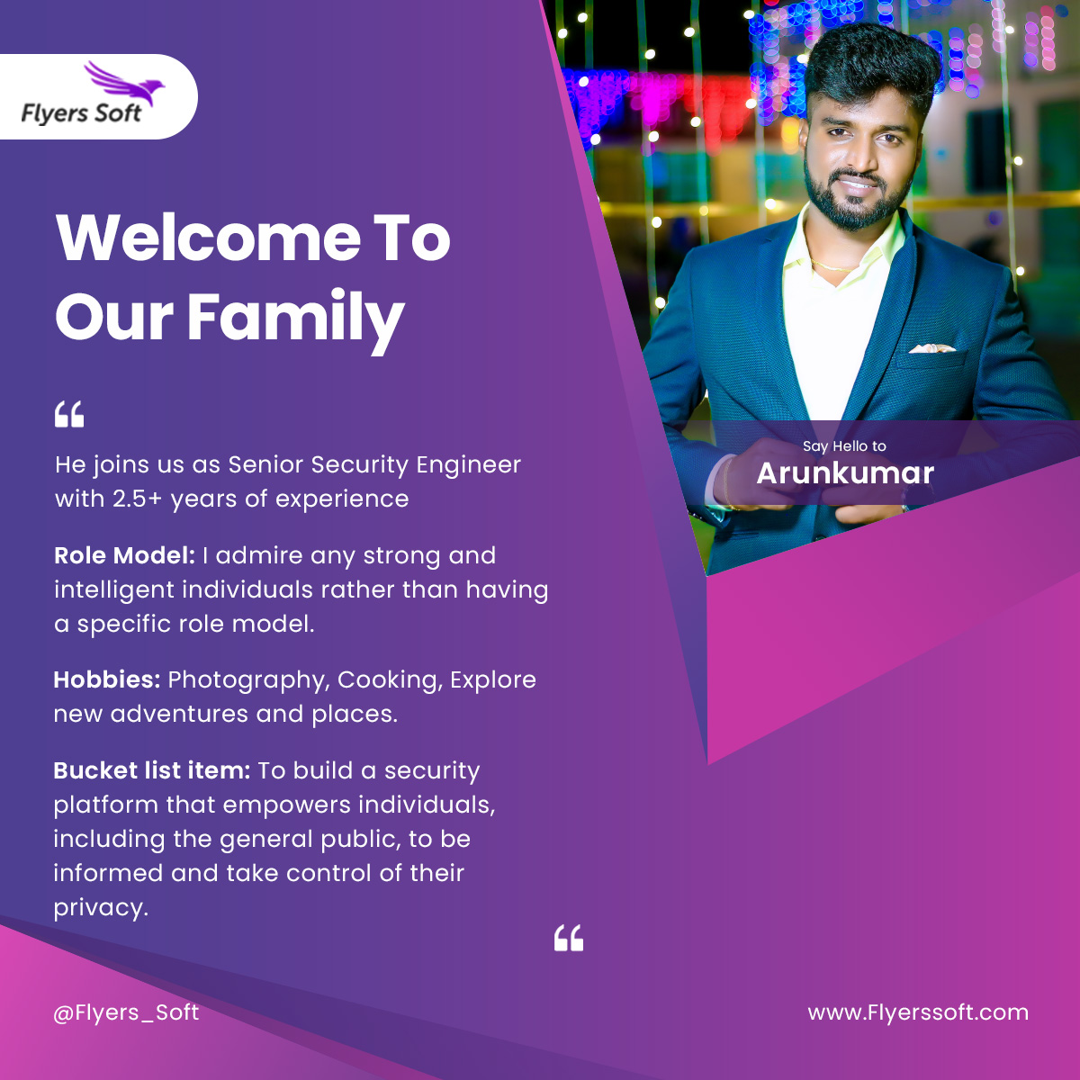 @FlyersSoft would like to welcome our new team member 'Arunkumar' who has joined us recently.

We are excited to have you with us and we look forward to sharing many successes. Welcome on board!
.
.
.
#flyerssoft #newjoinee #newjourney #newjoiner #freshstart #Flyerssoftfamily