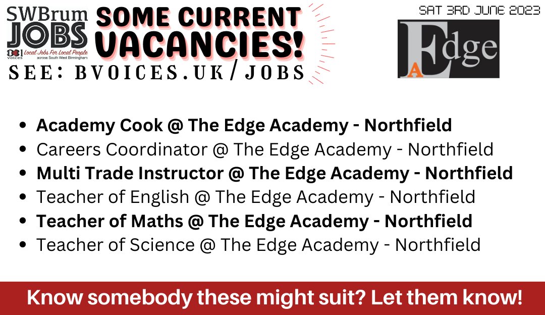 #SWBrumJOBS Vacancies available @ The Edge Academy 😁

INFO/APPLY: 👉👉👉 bvoices.uk/jobs

#SWBrumJOBS #BrumJobs #BirminghamJobs @JCPinBirmingham #BrumJobsHour #Northfield #Bournville #KingsNorton #Stirchley  #Birmingham