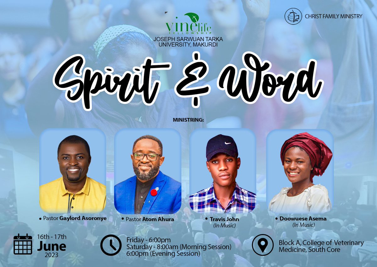 CFCMakurdi's tweet photo. IT'S HERE!
The first session of Spirit and Word begins this evening at 6:00 pm. It will be a wonderful time of fellowship, worship, and impartation - come with all your friends, and come ready to receive.
#vinelifefellowship
#SpiritandWord
#pastorarometokula
#CFMinistry https://t.co/WPJB7DadjA