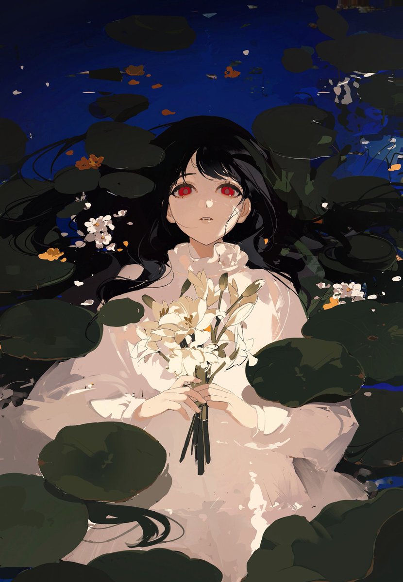 1girl flower solo red eyes black hair long hair holding  illustration images