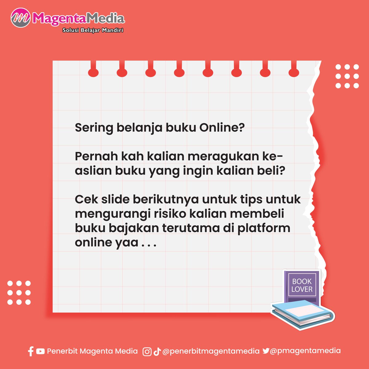 pmagentamedia's tweet photo. Lebih berhati-hati dan bijaklah saat
memilih buku teman-teman. Jangan sampai kita
mendapatkan buku bajakan karena kita kurang jeli
dalam membeli buku.

#bukubajakan #bajakan #penerbitmagentamedia
#stopbajakan https://t.co/2YFkpfHAOt