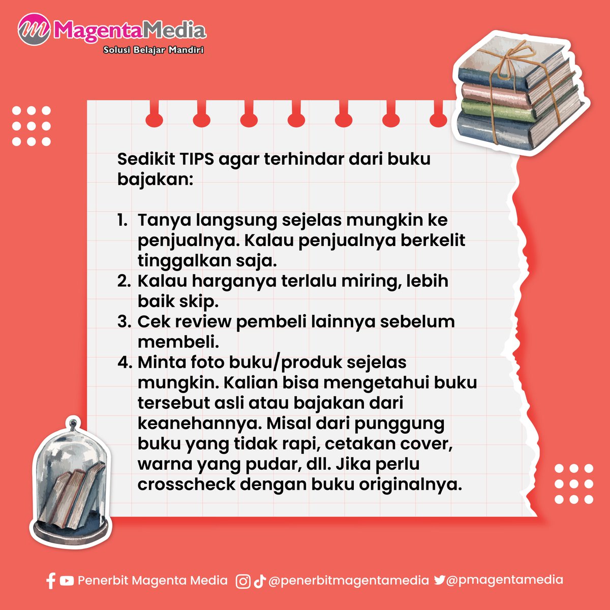 pmagentamedia's tweet photo. Lebih berhati-hati dan bijaklah saat
memilih buku teman-teman. Jangan sampai kita
mendapatkan buku bajakan karena kita kurang jeli
dalam membeli buku.

#bukubajakan #bajakan #penerbitmagentamedia
#stopbajakan https://t.co/2YFkpfHAOt