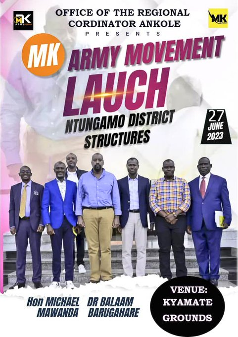 𝐍𝐭𝐮𝐧𝐠𝐚𝐦𝐨 𝐩𝐞𝐨𝐩𝐥𝐞 𝐚𝐫𝐞 𝐲𝐨𝐮 𝐫𝐞𝐚𝐝𝐲?

WHAT: Launching @MKARMY_ Movement structures 

WHERE: Kyamate grounds, Ntungamo district.

WHEN: 27 June, 2023

COME ONE, COME ALL.