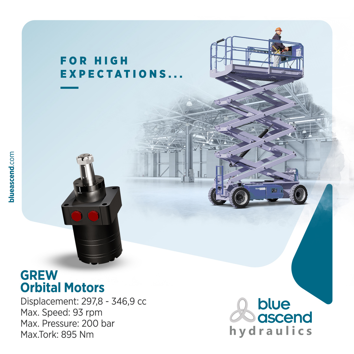 For high expectations...

GREW Orbital Motors
🔹 Displacement: 297,8 - 346,9 cc
🔹 Max. Speed: 93 rpm
🔹 Max. Pressure: 200 bar
🔹 Max.Tork: 895 Nm

👇 Explore our orbital motors by visiting our website.
bit.ly/46acxaw

#BlueAscend #OrbitalMotor #Manlift #MakaslıPlatform