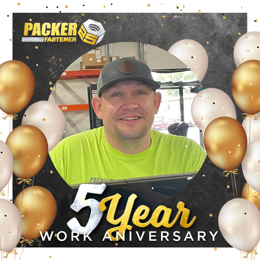 Congrats, Jeremy Sperber on your 5 year Packer Fastener anniversary (6/18). Currently Packer Fastener’s Distribution Center Manager, Jeremy joined us after 4 years working in construction and 13 years in Nuclear Security.#workanniversary #culture #congratulations #fasteners