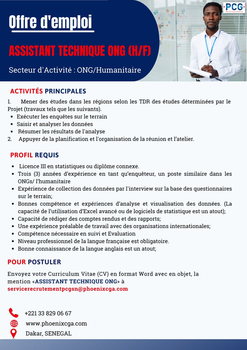 📣 Devenez 𝐀𝐬𝐬𝐢𝐬𝐭𝐚𝐧𝐭 𝐓𝐞𝐜𝐡𝐧𝐢𝐪𝐮𝐞 pour le compte d'une ONG (H/F)
𝗟𝗼𝗰𝗮𝗹𝗶𝘀𝗮𝘁𝗶𝗼𝗻 : Dakar, SENEGAL

#offreemploi #africa_job #pcgafrica #pcgafrica_sn #ong #humanitaire #agent #enqueteur