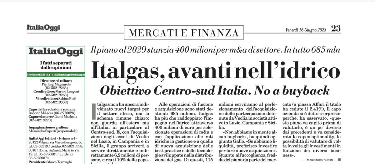 Il mio pezzo sul Piano 2023-2029 di Italgas ripreso da ItaliaOggi.

#MFNewswires #MFNewswiresEnergy #Energy #Energia #Italgas
