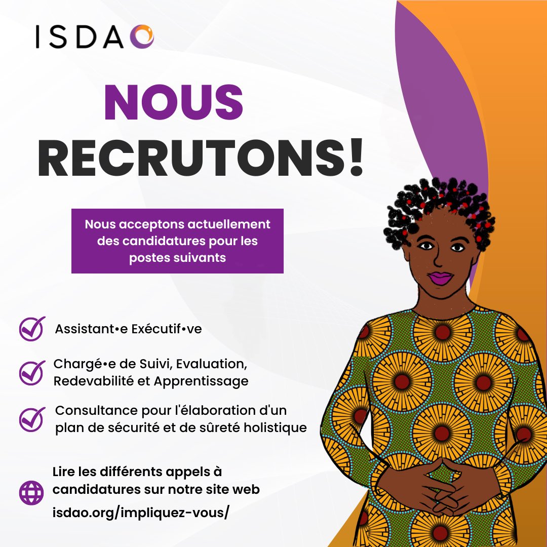 ISDAOSankofa's tweet photo. Nous avons le plaisir d'annoncer trois nouvelles opportunités passionnantes de travailler avec l'ISDAO : deux postes à temps plein et un rôle de consultant-e

Veuillez consulter le lien https://t.co/oqDNak28Ou pour lire nos appels à candidatures, et postulez ou partagez largement https://t.co/b3MYT3KaWk