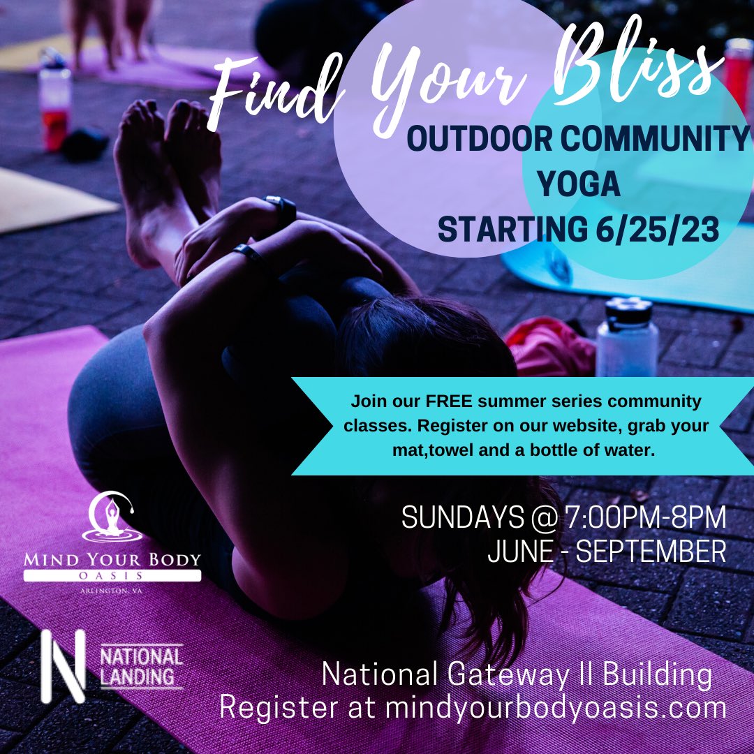 Our FREE summer nights outdoor Yoga classes are back. Beginners are welcome!

From 6/25-9/10 we partner with the National Landing BID to provide outdoor yoga every Sunday from 7pm-8pm.

Sunday classes will take place at the National Gateway Building.