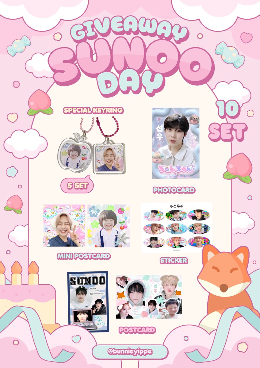 ❥･• kindly rt˚₊·
 𝙶𝚒𝚟𝚎 𝚊𝚠𝚊𝚢 𝓢𝓾𝓷𝓸𝓸 𝑑𝑎𝑦🩷
⋆ ₊ ﾟ ☽10 sets🦊
ꔛ #LittleSweetieSunoo ꔛ

location @ Sunny Flavour Cafe
24 june time (tba)
(exchange pls dm)

☘️ 5 sets google form
 25/06 20:00
shipping 30฿ 🚗
  
 #happysunooday  #ตลาดนัดENHYPEN