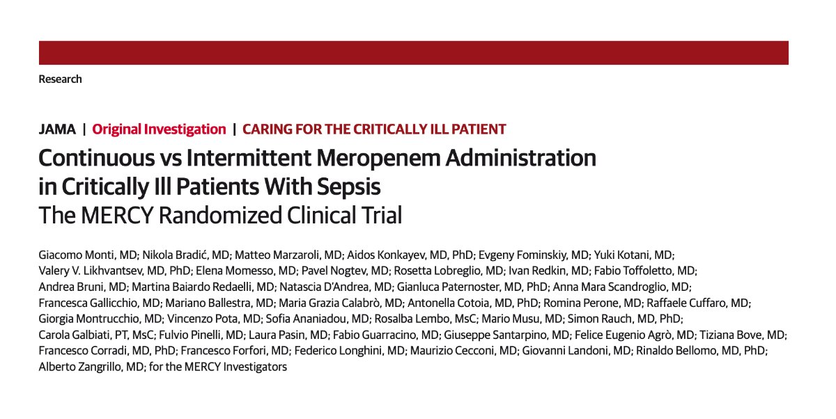 10/

It's our honor to publish the results of #MERCYtrial in JAMA <a href="/JAMA_current/">JAMA</a>: Continuous vs Intermittent Meropenem Administration in Critically Ill Patients with Sepsis

🔗 jamanetwork.com/journals/jama/…

#FOAMcc