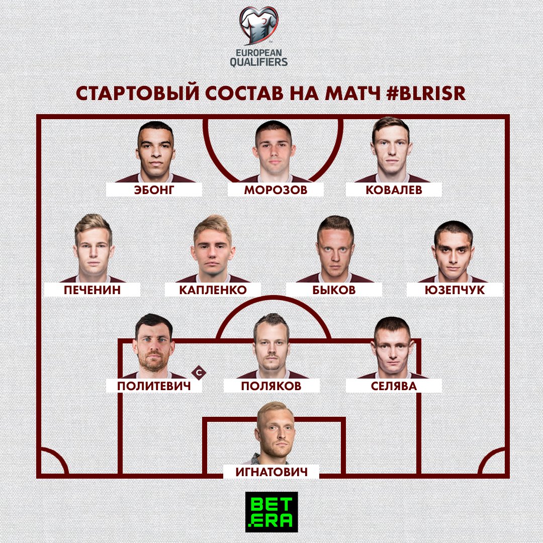 belarusff's tweet photo. Стартовый состав

Запасные: Кудравец, Шпаковский, Шевченко, Малькевич, З. Волков, Хвалько, Климович, Яблонский, Подстрелов, Бочеров, Савицкий, Бахар.

#МыБеларусы #БелыяКрылы #СборнаяБеларуси #BLRISR https://t.co/qWSKbIw8KX