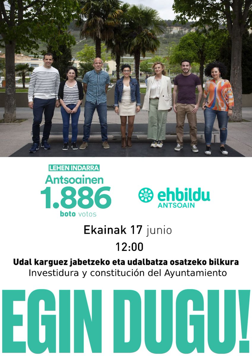 🔊🔊🟢🟢 EH Bilduk, Contigo Zurekin Antsoainek eta Geroa Baik akordioa lortu dute Antsoainen bihar, udala eratzeko osoko bilkuran, Marta Diez Napal EH Bilduko hautagaia alkate izendatzeko.

#EginDugu

#Abante