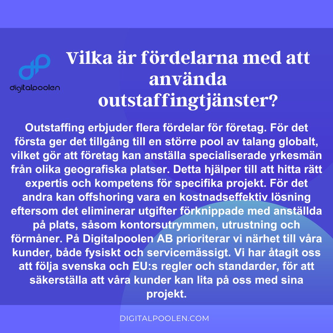 Digitalpoolenab's tweet image. Lås upp obegränsad potential med DigitalPoolen AB's Outstaffing-tjänst! 🚀💼💪 #OutstaffingSolutions #BoostYourTeam #DigitalPoolenAB #FutureOfWork #BusinessGrowth #MaximizeEfficiency